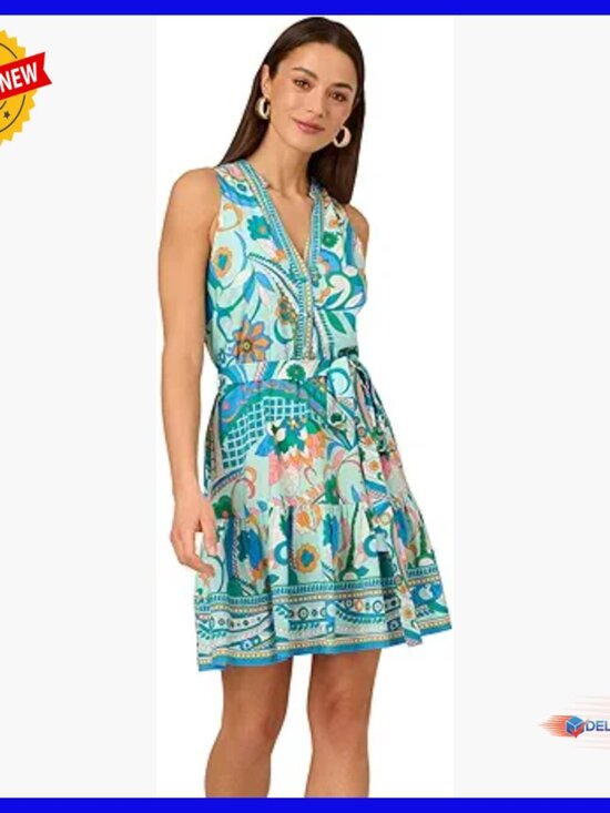 Dresses & Skirts - Printed Halter Sundress, A-Line Flounce Hem, Button Front, Tie Belt